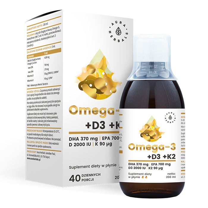 Aura Herbals Omega-3 + D3-vitamiin 2000 RÜ + K2 MK-7 – 200 ml vedelikku
