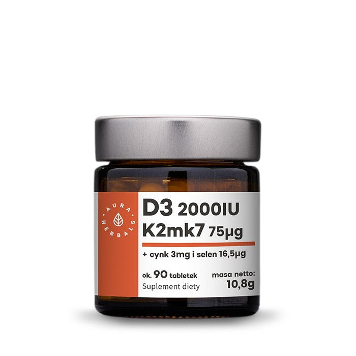 Aura Herbals vitamiin D3 2000 IU + K2mk7 + tsink + seleen - 90 tabletti