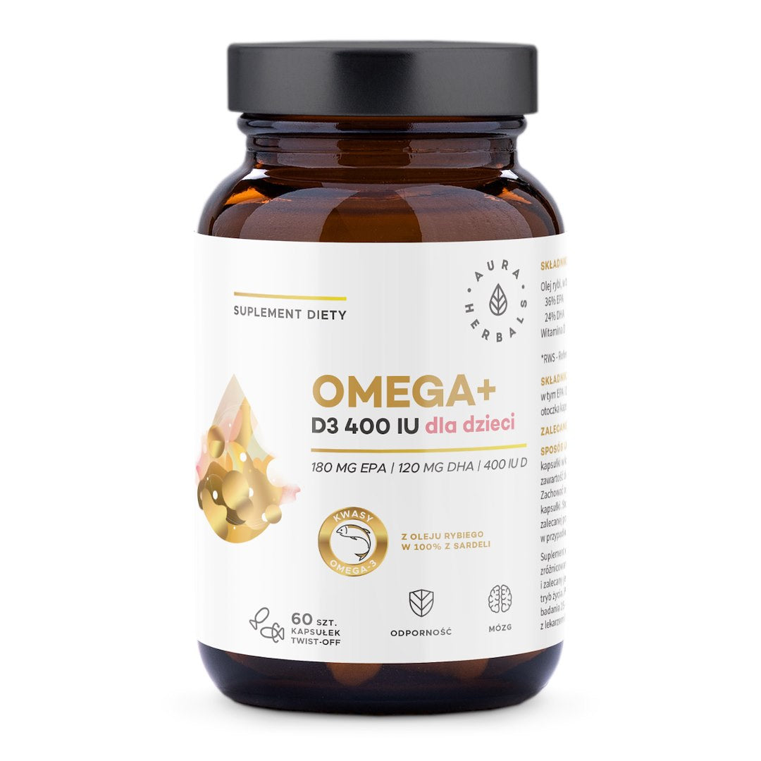 Aura Herbals Omega+ vitamiin D3 400 IU lastele, 60 avatavat kapslit