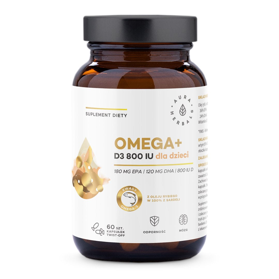 Aura Herbals Omega+ D3-vitamiin 800 IU lastele, 60 keeratava korgiga kapslit