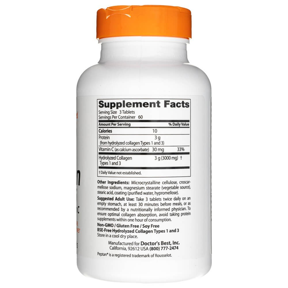 Doctor's Best 1. ja 3. tüüpi kollageen Peptani ja C-vitamiiniga 1000 mg – 180 tabletti
