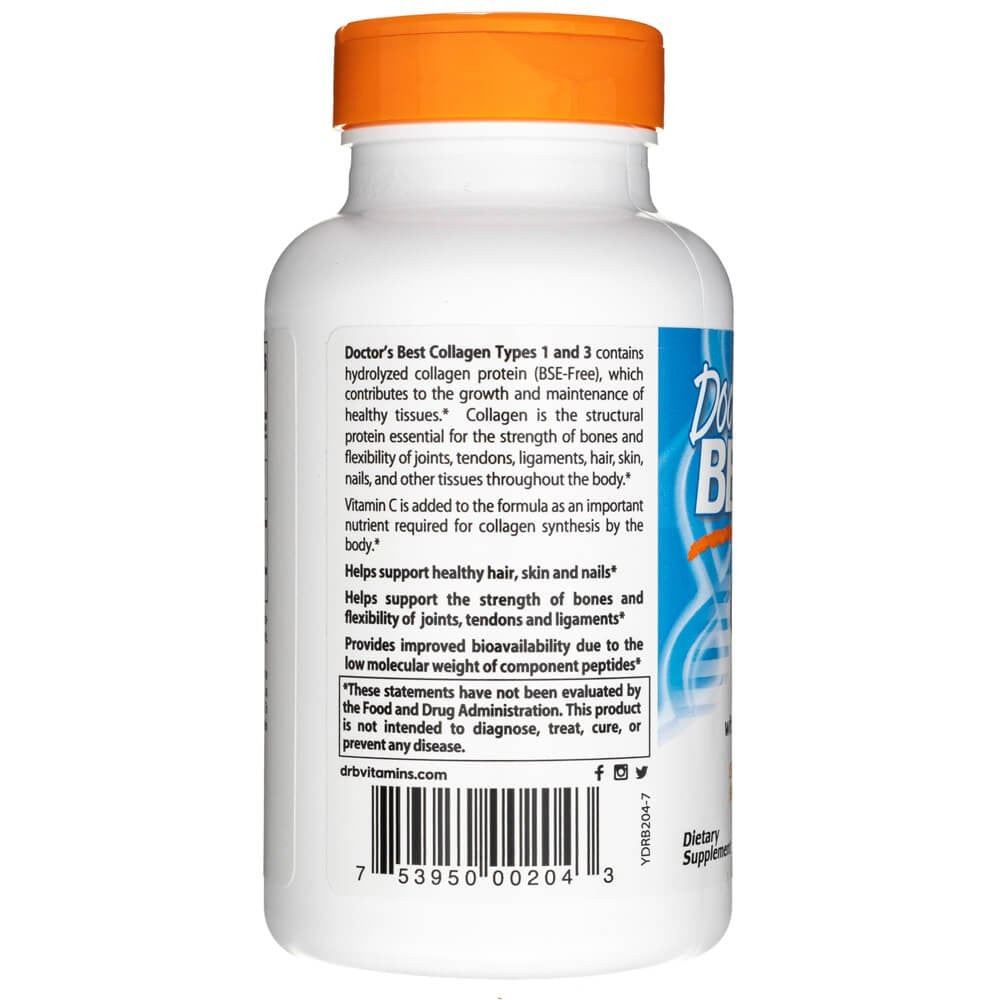 Doctor's Best 1. ja 3. tüüpi kollageen Peptani ja C-vitamiiniga 1000 mg – 180 tabletti