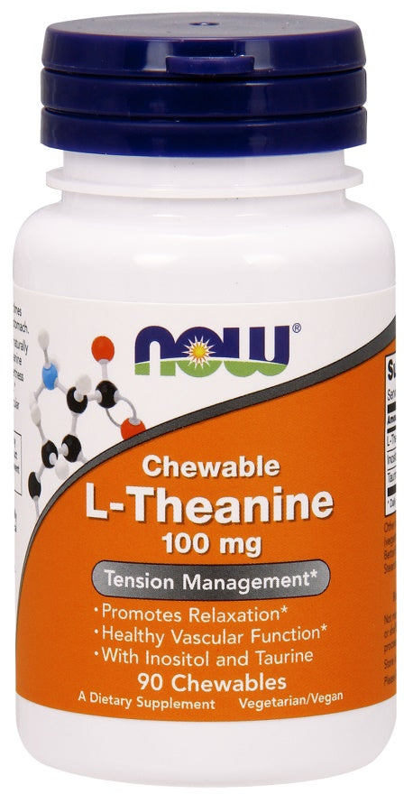 NOW Foods L-teaniin inositooli ja tauriiniga, 100 mg – 90 närimistabletti