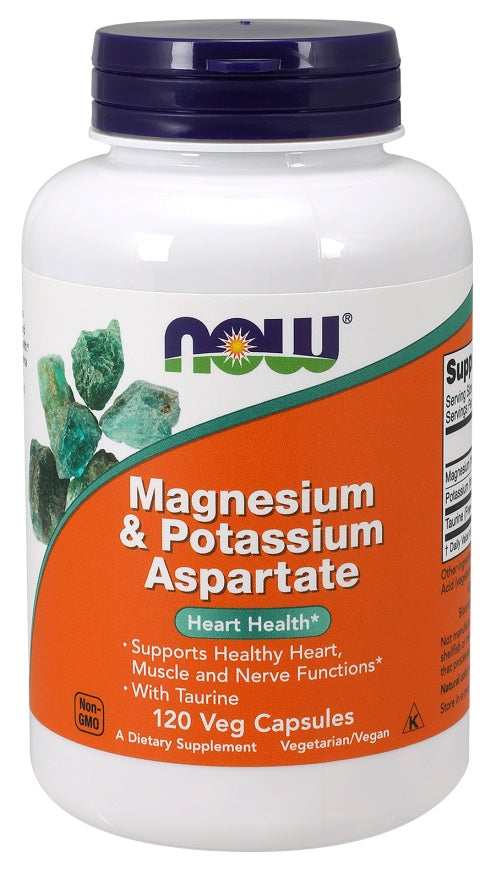 NOW Foods magneesiumi- ja kaaliumaspartaat tauriiniga – 120 kapslit
