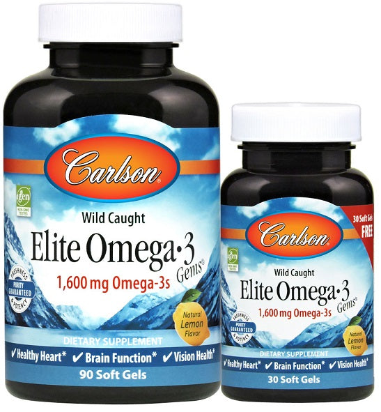 Carlson Labs Elite Omega-3 Gems, 1600 mg loodusliku sidrunimaitsega – 90 + 30 kapslit