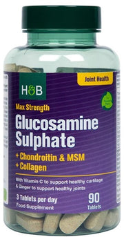 Holland & Barrett glükoosamiinsulfaat maksimumtugevusega + kondroitiin ja MSM + kollageen – 90 tabletti