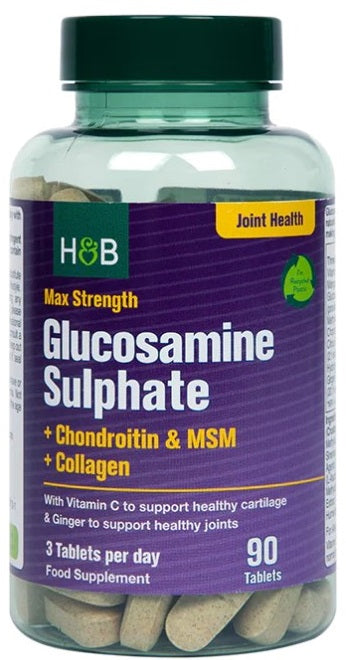 Holland & Barrett glükoosamiinsulfaat maksimumtugevusega + kondroitiin ja MSM + kollageen – 90 tabletti