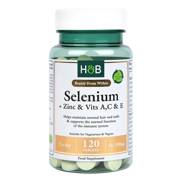 Holland & Barrett seleen + tsink ja vitamiinid A, C ja E, 100 mcg – 120 tabletti