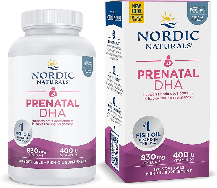 Nordic Naturals Prenatal DHA, 830 mg Omega-3 + 400 TV D3, be skonio – 180 kapsulių