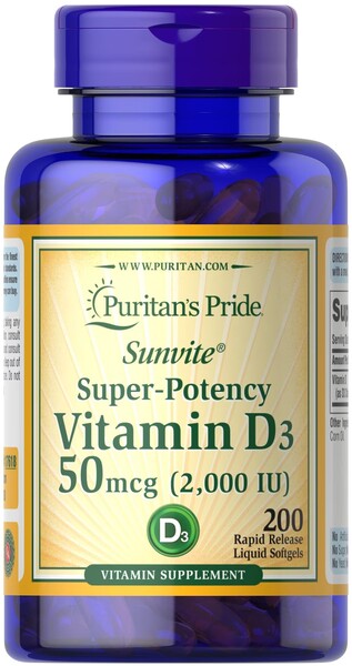 Puritan's Pride eriti tugev D3-vitamiin, 50 mcg – 200 kapslit