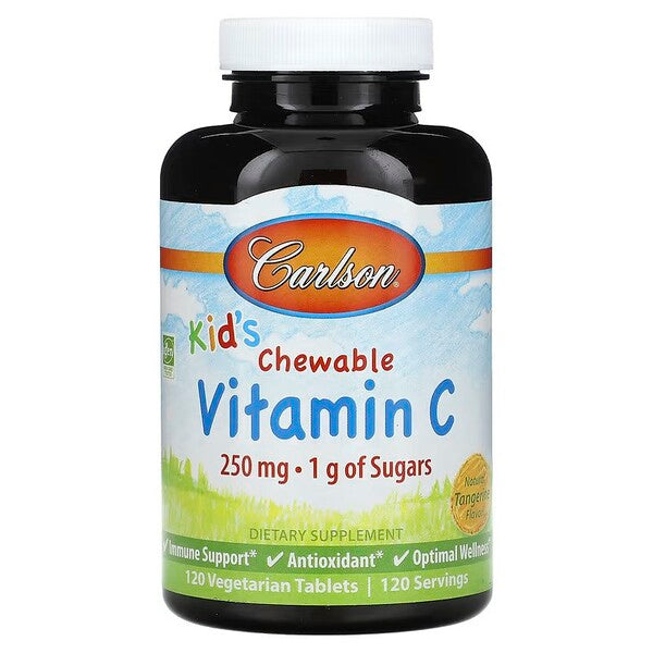 Carlson Labs lastele mõeldud C-vitamiini näritavad tabletid, 250 mg looduslikku mandariinimaitset – 120 taimetoitlastele sobivat tabletti