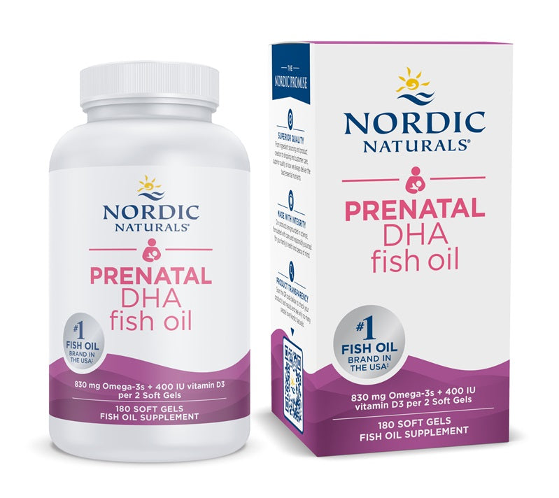 Nordic Naturals Prenatal DHA, 830 mg Omega-3 + 400 TV D3 be skonio – 180 kapsulių