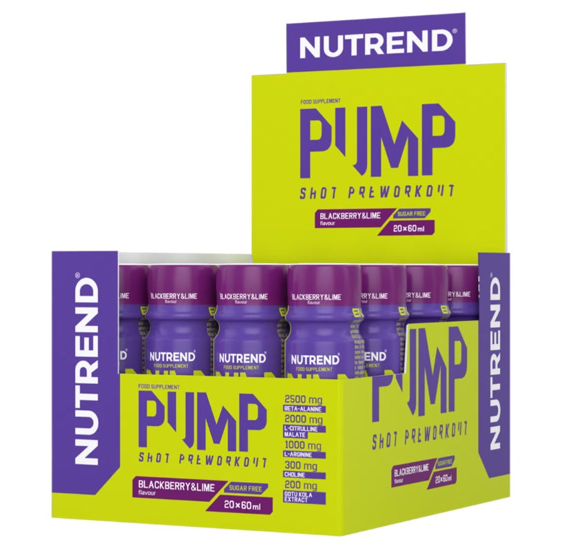 Nutrend Pump treeningeelne jook, muraka- ja laimimaitseline – 20 x 60 ml.