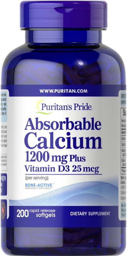 Puritan's Pride'i imenduv kaltsium + D3-vitamiin – 200 kapslit
