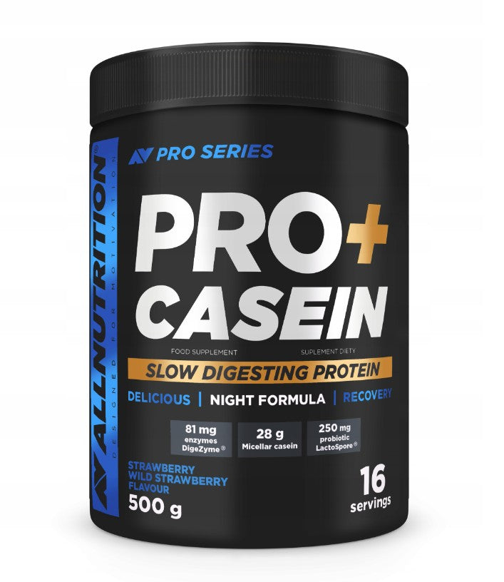 Allnutrition Pro+ kaseiin, maasika ja metsmaasika maitsega – 500 g