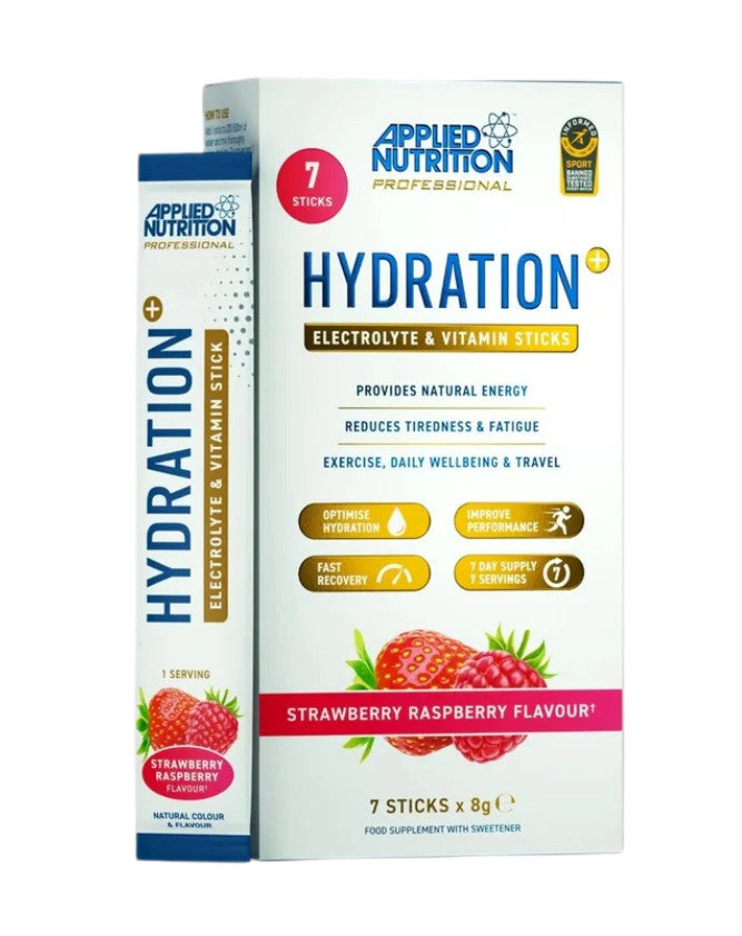 Applied Nutrition Hydration + Electrolyte & Vitamin pulgapulgakesed, maasika- ja vaarikamaitseline – 7 x 8 g