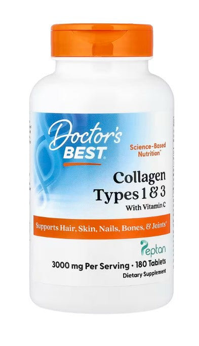 Doctor's Best kollageen Peptaniga ja C-vitamiiniga, tüüp 1 ja 3, 3000 mg – 180 tabletti