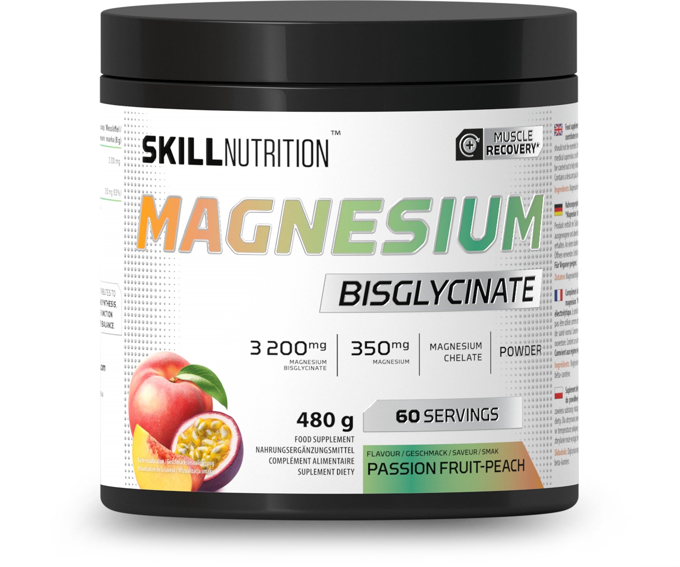 Skill Nutrition magneesiumbisglütsinaadi pulber, kannatuslille ja virsiku maitsega – 480 g