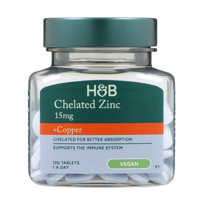 Holland & Barrett kelaaditud tsingi ja vase kompleks, 15 mg – 120 tabletti