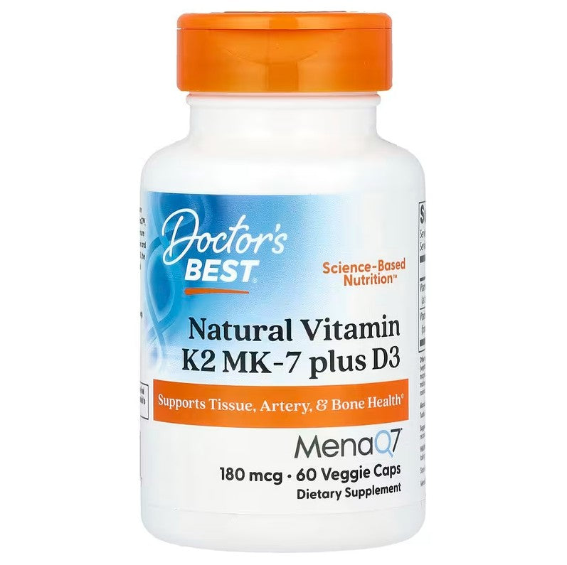 Doctor's Best Natural Vitamin K2 MK7 MenaQ7 ja D3-ga, 180 mcg – 60 kapslit