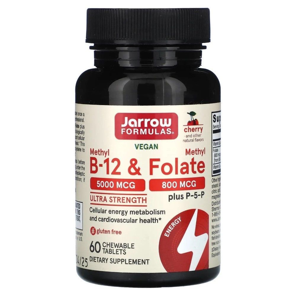 Jarrow Formulas metüül B-12 5000 mcg ja metüülfolaat 800 mcg, kirsimaitsega - 60 närimistabletti
