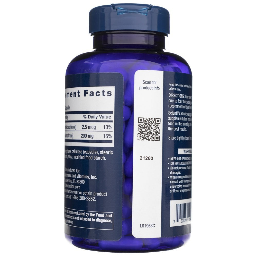 LIFE EXTENSION kaltsiumtsitraat + D-vitamiin - 200 kapslit