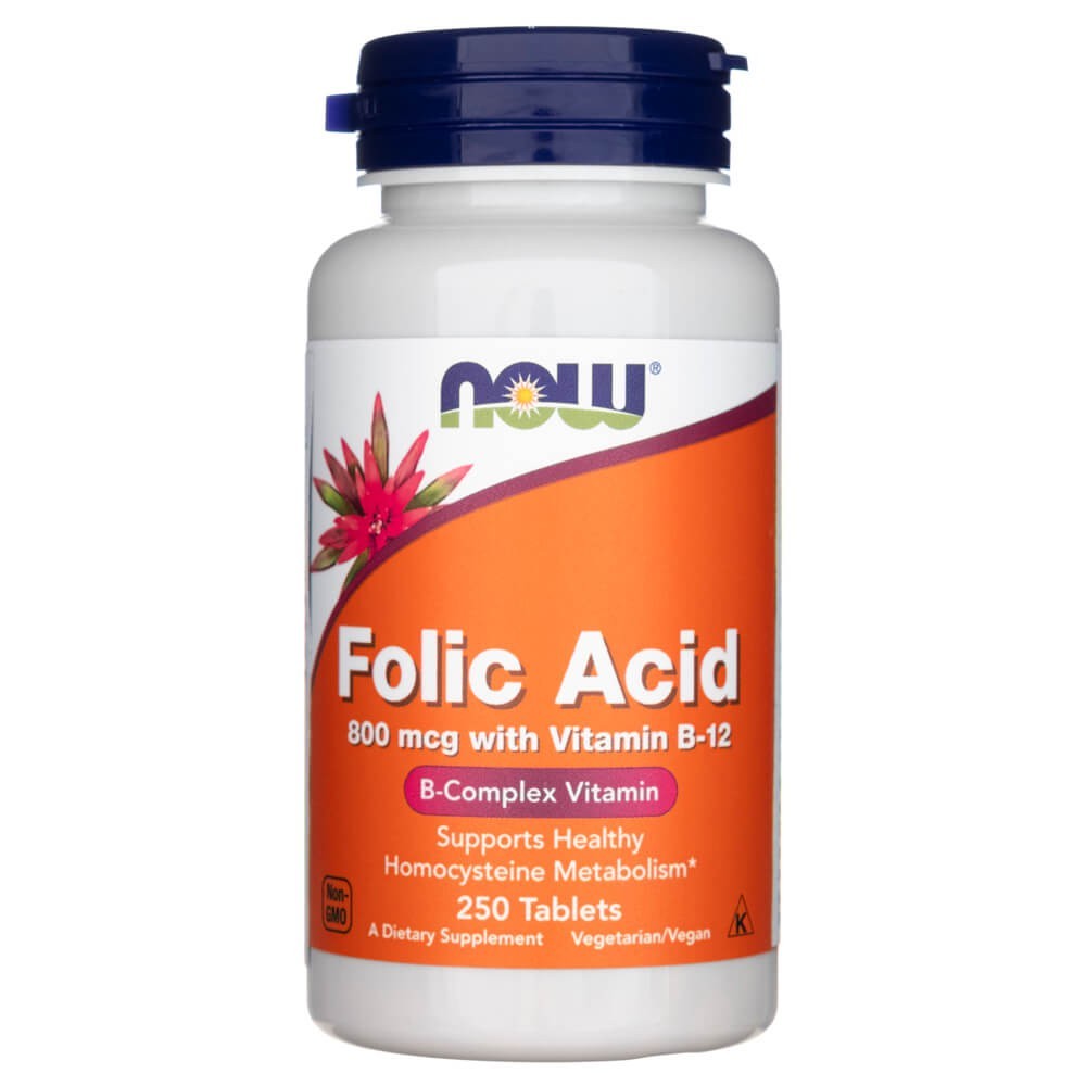 NOW FOODS foolhape 800 mcg koos B-12 vitamiiniga – 250 tabletti