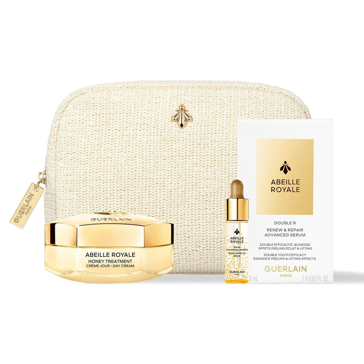 Guerlaini komplekt: Abeille Royale, meedu, anti-aging, päevakreem, näole, 50 ml + Abeille Royale, täitev, õli, näole ja kaelale, 5 ml + Abeille Royale Double R, anti-aging, päev- ja öökseerum, näole ja kaelale, 0,6 ml