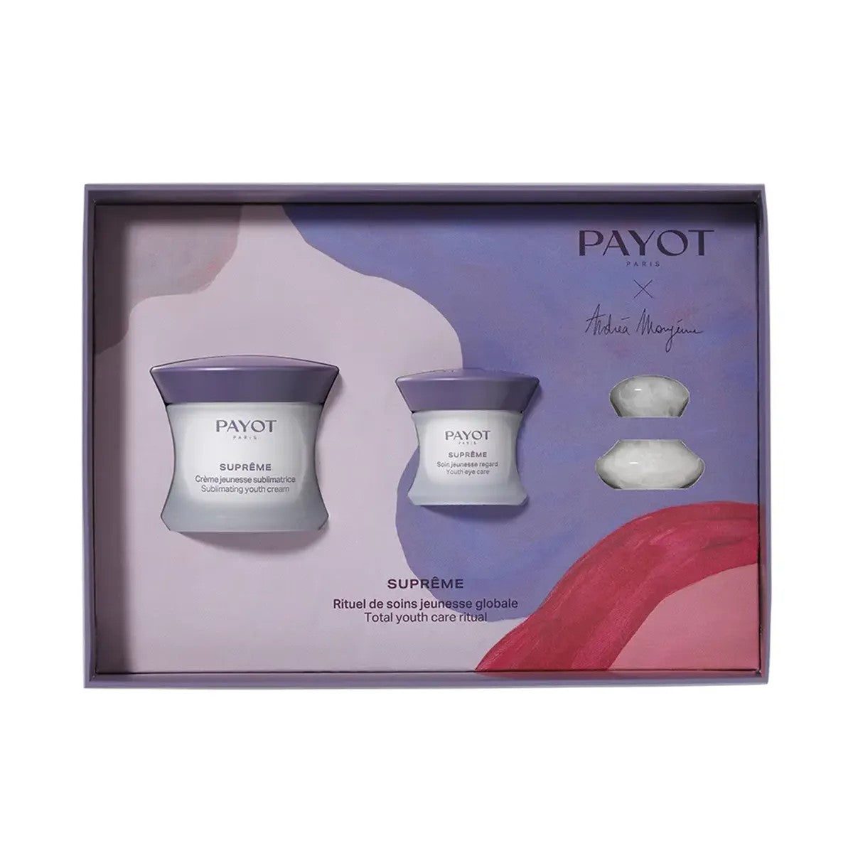 „Payot“ rinkinys: „Supreme Sublimating“, senėjimą stabdantis, dieninis, kremas veidui, 50 ml + „Supreme Jeunesse Le Regard“ drėkinamasis, paakių kremas, 15 ml + „Gua Sha“ baltas, stangrinamasis, veido masažo akmuo