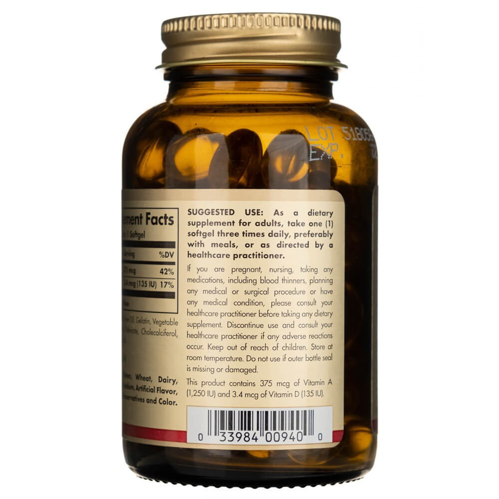 SOLGAR tursamaksaõli (vitamiin A ja D) – 100 kapslit
