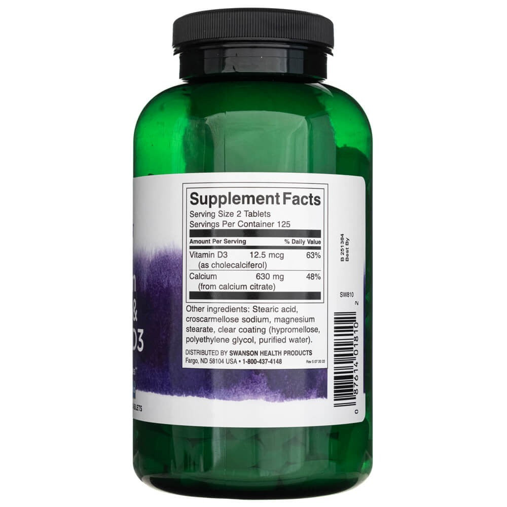 SWANSON kaltsiumtsitraat ja D3-vitamiin – 250 tabletti